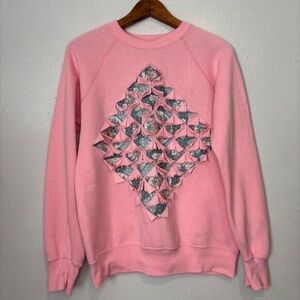 Pink Women's Crewneck Sweatshirt with Diamond Patchwork